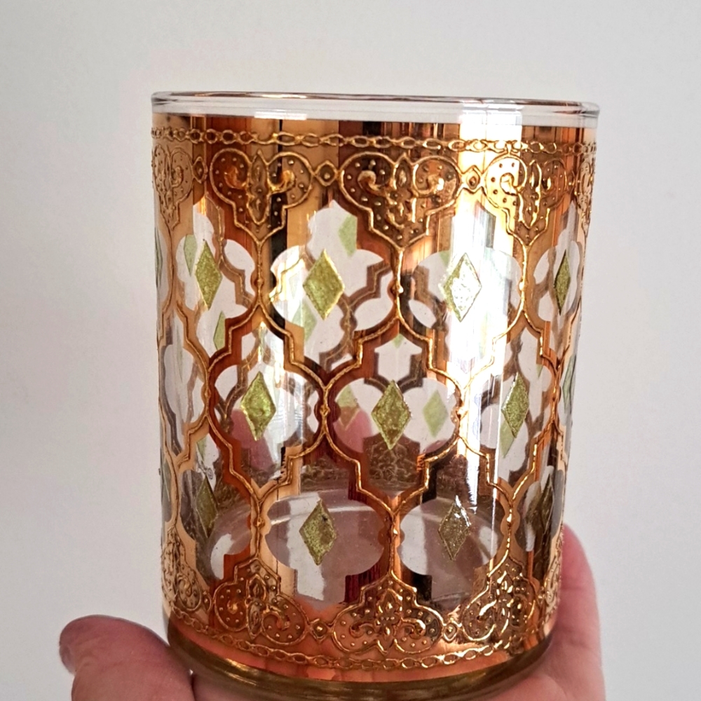 Vintage MCM Culver 22 K Gold and Green Translucent Inlayed Ornate Rocks Glasses